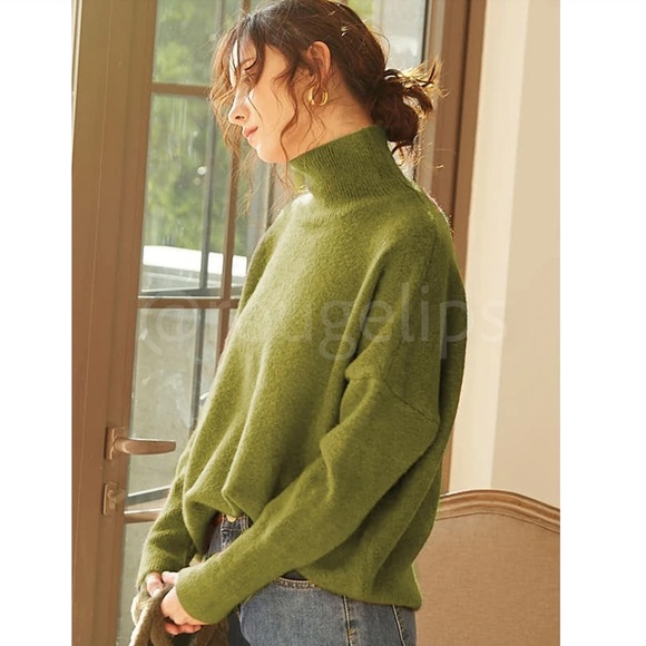 Olive Green Knit Turtleneck Pullover Sweater Long Sleeve Drop Shoulder - Picture 4 of 17